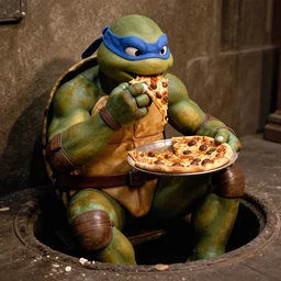 film still of a donatello sitting in a sewer about to eat a peanut butter and gumball pizza in teenage mutant ninja turtles movie 1 9 9 0
