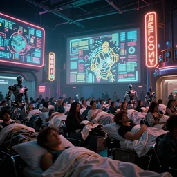 futuristic neon signs in a scene of ( millions of people ) waking up, ( robot cyborgs ), futuristic oil painting by jeff koonz, ( ( led panel screens and projections ) ), ( ultra realistic ), dynamic lighting, octane render, ( ( vertical led lighting ) ), 3 5 mm lens, film grain