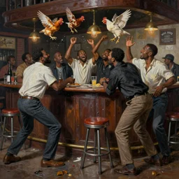 a messy rowdy painting of black men gatecrashing a bar, barstool and chickens flying through air, smooth, sharp focus, ultrarealistic, art by dean cornwell, artstation, octane render, dynamic lighting by delphin enjolras