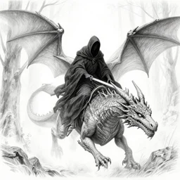 Dark Grim Reaper Riding a Mythical Dragon in the forest, Pencil Sketch, Drawing, Black and White, artstation, deviant art, trending