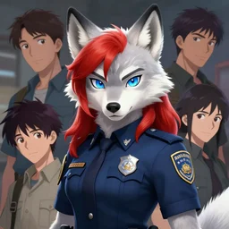 beautiful portrait of a female anthropomorphic wolf fursona wearing a state trooper uniform. blue eyes. red hair. white fur. character design by disney, charlie bowater, ross tran, artgerm, and makoto shinkai, detailed, soft lighting, rendered in octane