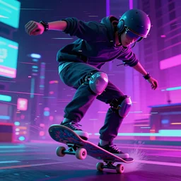 action photo of cyberpunk skateboarder, highly detailed, synthwave, vaporwave, motion blur, glitch, datamosh, 8 k, high resolution