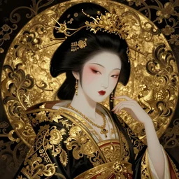 asian geisha, by peter mohrbacher, intricate detail, artstation, artgerm, in the style of darkness fantasy, rococo, gold leaf art, rime lighting