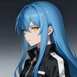 profile shot of rimuru tempest, sky blue straight hair, long bangs, gold eyes, amber irises, golden eyes, two golden eyes, wearing a black jacket with white stripes, high collar, ultra detailed, digital painting, cinematic, wlop, pixiv, color block, eerie, scary, yoshitaka amano, ilya kuvshinov, andy warhol