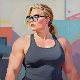 greg manchess portrait painting of margot robbie as beautiful thick female bodybuilder zarya from overwatch wearing glasses, medium shot, asymmetrical, profile picture, organic painting, sunny day, matte painting, bold shapes, hard edges, street art, trending on artstation, by huang guangjian and gil elvgren and sachin teng