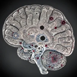 light photomicrograph of brain tissue 100X magnification showing perforation of brain matter, neural decay, synaptic patters, creepy bloody spots, holes in the brain, gloomy, eerie, swiss cheese pattern, synaptic spindles aggregations amalgamations