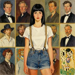 a woman with black hair and long pixie haircut in shorts with suspenders and white t-shirt drawn by amedeo modigliani, frank frazetta, gustave caillebotte, Alexandre Cabanel, norman rockwell, ralph bakshi, maler collier, peter paul rubens, alphonse mucha, gustav klimt 4k, unreal 5, DAZ, french noveau, trending on artstation, octane render, hyperrealistic