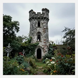 The abandoned wizard\'s tower in the overgrown garden. Unknown Group f/64 artist.