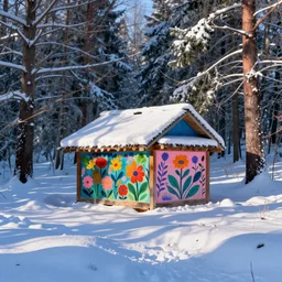 winter morning, snowy ground, hut, forest, very coherent and colorful high contrast art by simon stalenhag james gilleard floralpunk screen printing woodblock, pastel color, hard lighting, gediminas pranckevicius