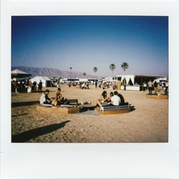 rave party chill out zone from a 1970s festival in the desert, polaroid picture