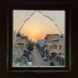 seen from broken window!! karachi streets,, sunset in background, detailed, alphonse mucha, greg rutkowski, trending on artstation, artgerm, breathtaking, sharp focus, smooth, mark arian, award winning, highly detailed 4 k art