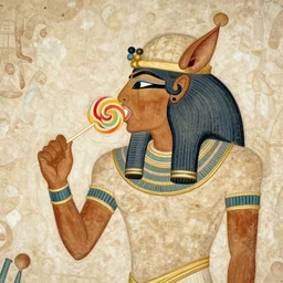 An ewok eating a lollipop, Ancient Egyptian mural