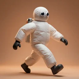 a single striding slender figurine of a giant inflated hazmat suit wearing man with long bendy arms and legs, googly eyes, tareme eyes, small head, personification, dynamic pose, detailed product photo, tone mapped, beautiful composition, orange misty uplight, 8 5 mm, f 5. 8