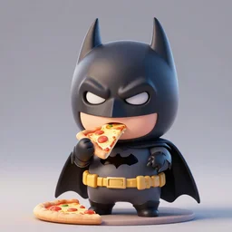 A ultra detailed render of a chibi style Batman eating pizza adorable, cute, Portrait Lighting, trending on ArtStation, octane render, cinema4d, Zbrush