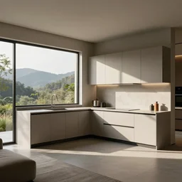 Interior studio kitchen and living room, the kitchen turns in a corner with windows on the corner, vray render, interior design