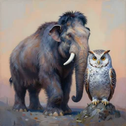 painting of hybrid between mammoth!!!! & owl, intercrossed animal, by zdzislaw beksinski, by tiffany bozic, by chris buzelli, cold hue's, warm tone gradient background, concept art, beautiful composition, digital painting