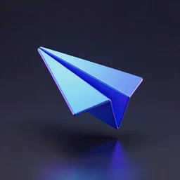 An icon of a paper plane in blue and purple metallic iridescent material, 3D render isometric perspective on dark background.