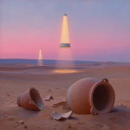 beacons of soft light drifting above a desert, classical landscape painting, oil paints, giant ceramic pottery broken and submerged, highly detailed, late evening with pink light on the horizon, psychedelic colors