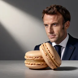 emmanuel macron merged with a macaron, emmanuel macraon, pack shot, clean photography, advertising campaign