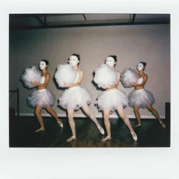 polaroid of dancers that are made from cotton candy wearing MASKS, smudge, mix, DADA collage, texture, lomography