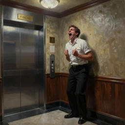 horrifying full color photorealistic painting of a 1 9 2 5 hotel elevator lobby, with a screaming bellhop embedded in the wall, dark, atmospheric, brooding, smooth, finely detailed, cinematic, epic, in the style of lee gibbons