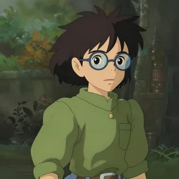 anime, incredible wide screenshot, ultrawide, realist proportions, paper texture, intricate, very detailed, studio ghibli movie scene, girl wearing a green shirt and harry potter glasses with a curly hair, fog