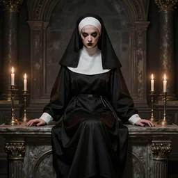 brutal psycho nun sitting on altar of the underworld