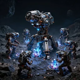 a group of automatic mining machines that extract energy crystals from the rock, dark night on an asteroid, close up peter mohrbacher, featured on artstation, octane render, cinematic, rugged, intricate, 8 k