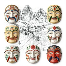 technical drawing of dolomites and tyrolean folklore masks, multiple layers, detailed map, notes, stylized, blueprint, black and white, old, erosion