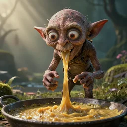 gollum vomits into a pan with slop
