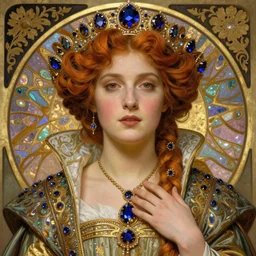 portrait, artwork by james jean, hyperdetailed realistic, beautiful medieval queen, jean delville, art nouveau, alexandrite, symbolist, visionary, alphonse mucha