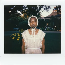Polaroid of Kanye West wearing a bonnet and a dress in a garden at golden hour