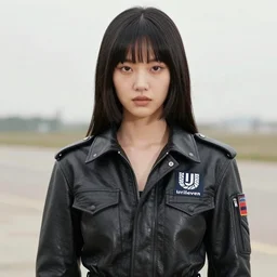 ektachrome, youthful asian demure, exquisite features, feminine cut, frontiers in flight leather ukranian drone pilot suit unilever logo, lisa tesch vogue fashion shoot