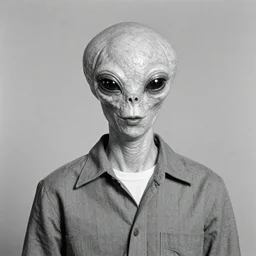 photorealistic image of alien disguised as human, high school yearbook, 1970s style photograph, black and white, 8k