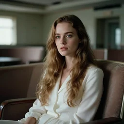 cinestill 5 0 d portrait of a dreamy beautiful woman britt marling 3 / 4 by liebovitz sitting in a dystopian abandoned hotel like shining by kubrik, long hair, wearing in white, 8 k, elegant, highly detailed, cinematic colors rendering, soft blur, artstation, sharp focus, head in focus,