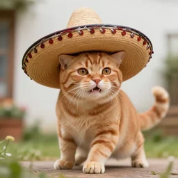 hyperrealistic, cute feisty expressive orange tabby cat with a sombrero tucking it's head in, highly detailed, hyper detail, cottagecore!!, well lit, dynamic pose