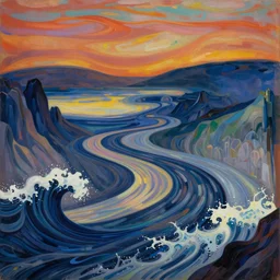 Ocean waves in a psychedelic dream world. DMT. Curving rivers. Craggy mountains. Modernist landscape painting. Edvard Munch. David Hockney. Takashi Murakami. Minimalist.