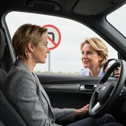 liz truss sat in a car looking at a no u turn sign