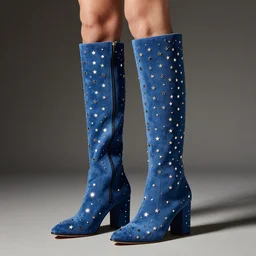model photography of Kate Spade knee high blue suede boots covered in tiny metal stars
