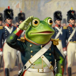 pepe the frog saluting prussians soldiers in 1864, military parade, uncroped, expressive oil painting