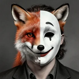 a man in a mime mask : left - half a fox sad, right - half a cheerful face, fine details, realistic shaded lighting poster by greg rutkowski, magali villeneuve, artgerm, jeremy lipkin and michael garmash and rob rey