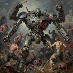 oil paint of flayed god machines, cluster battle chaos, intricately macerated by age, sentient, dethroned goliath machine, whipping blood turbines, fungal pit, trash patina sheen rotting, by alberto bontempi, alex ross, shigeru komatsuzaki, wayne d barlowe, alex ross, simon bisley, enric torres, hyper realism,