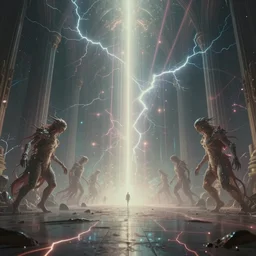 otherworldly ambient occlusion render metaphysical scifi cosmic omnipotent creatures entering the ethereal plane cathedral, leading lines, fractal lightning, lichtenberg figures, vanishing point, volumetric lighting, god rays, lasers, psionics, energy waves, muted vaporwave ombre