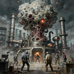 airbrushed awful mold overruning exploding automation factory by jack kirby, kelly freas, geof darrow, alex ross, basil gogos, philippe druillet, fine art masterpiece baked at 3 0 0 f, matte painting, cold lighting, aged with sunlight, award winning horror, photorealistic render, cinematic