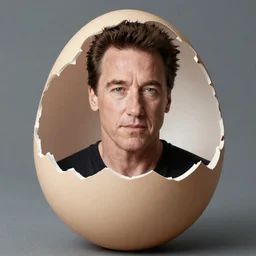 Arnold Schwarzenegger in an egg shell photographed by Anne Geddes