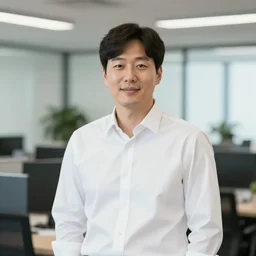 photo of a south korean business man with a white button up shirt standing in an office, hyper realistic, natural light