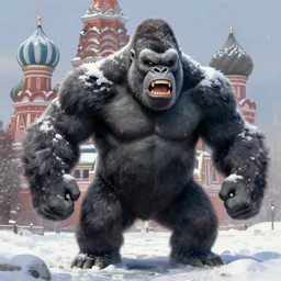 angry and aggressive king kong in winter moscow, digital painting, very detailed, art by artgerm