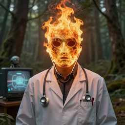 An album cover, (fire), mask, stethoscope!, (doctor), 3d render, robot!, TV, (unreal engine), (rust), photograph, portrait, painting, (((forest))), (((trees)))