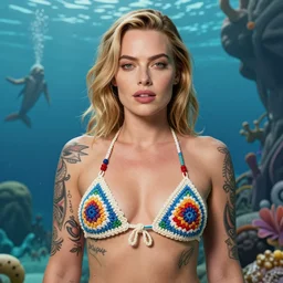 tattooed margot robbie posing in a creative crochet bikini, atlantis in the background, highly detailed face, realistic face, beautiful detailed eyes, fantasy art, in the style of greg rutkowski, illustration, epic, fantasy, intricate, hyper detailed, artstation, concept art, smooth, sharp focus, ray tracing, vibrant,