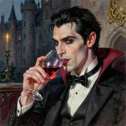 a realistic and detailed pen drawing of a vampire drinking a glass of wine in their castle